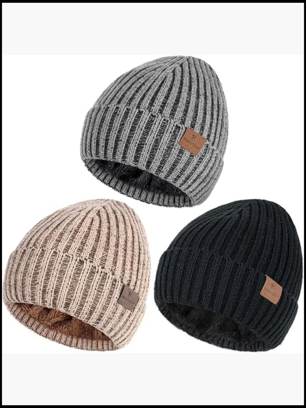 3 Pack Thermal Plush Lined Beanie Double Layer Warm Knit Hat for Cold Weather - Picture 1 of 7